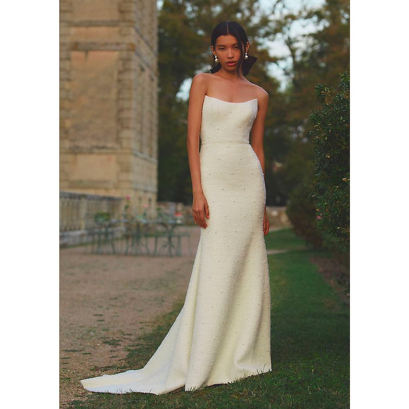 Watters Addie Wedding Gown Size 14 Ivory Beaded Strapless Bridal Dress Tweed - Picture 4 of 8